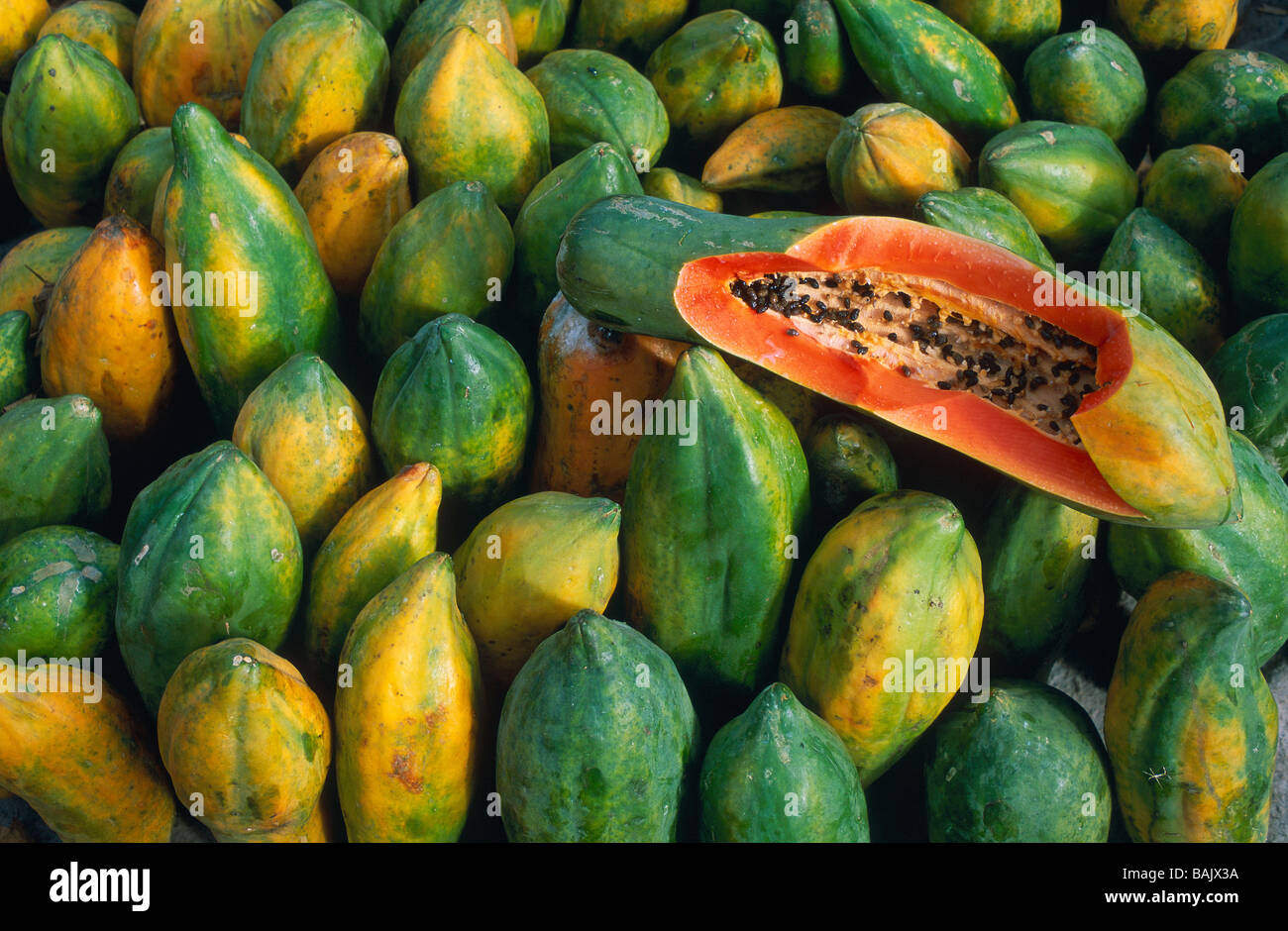 Guatemala, Totonicapan Department, Momostenango, close-up on papayas at Sunday market Stock Photo
