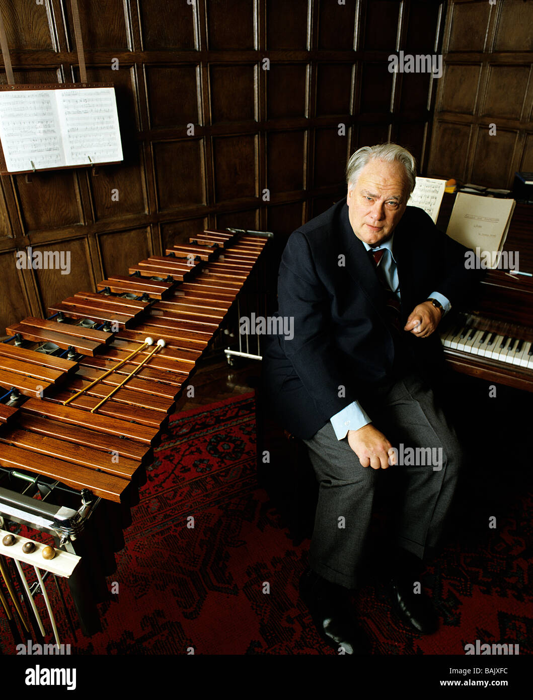 Patrick Moore with Xylophone at home Stock Photo