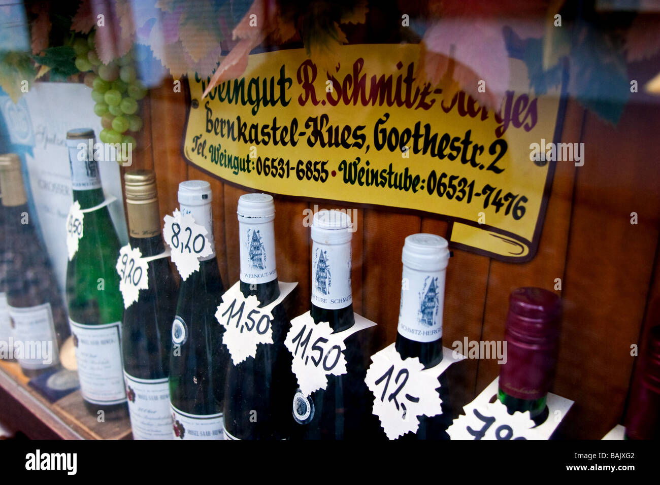 Wine for sale in Bernkastel Kues the valley of Mosel river Rhineland Palatinate, Germany Stock Photo