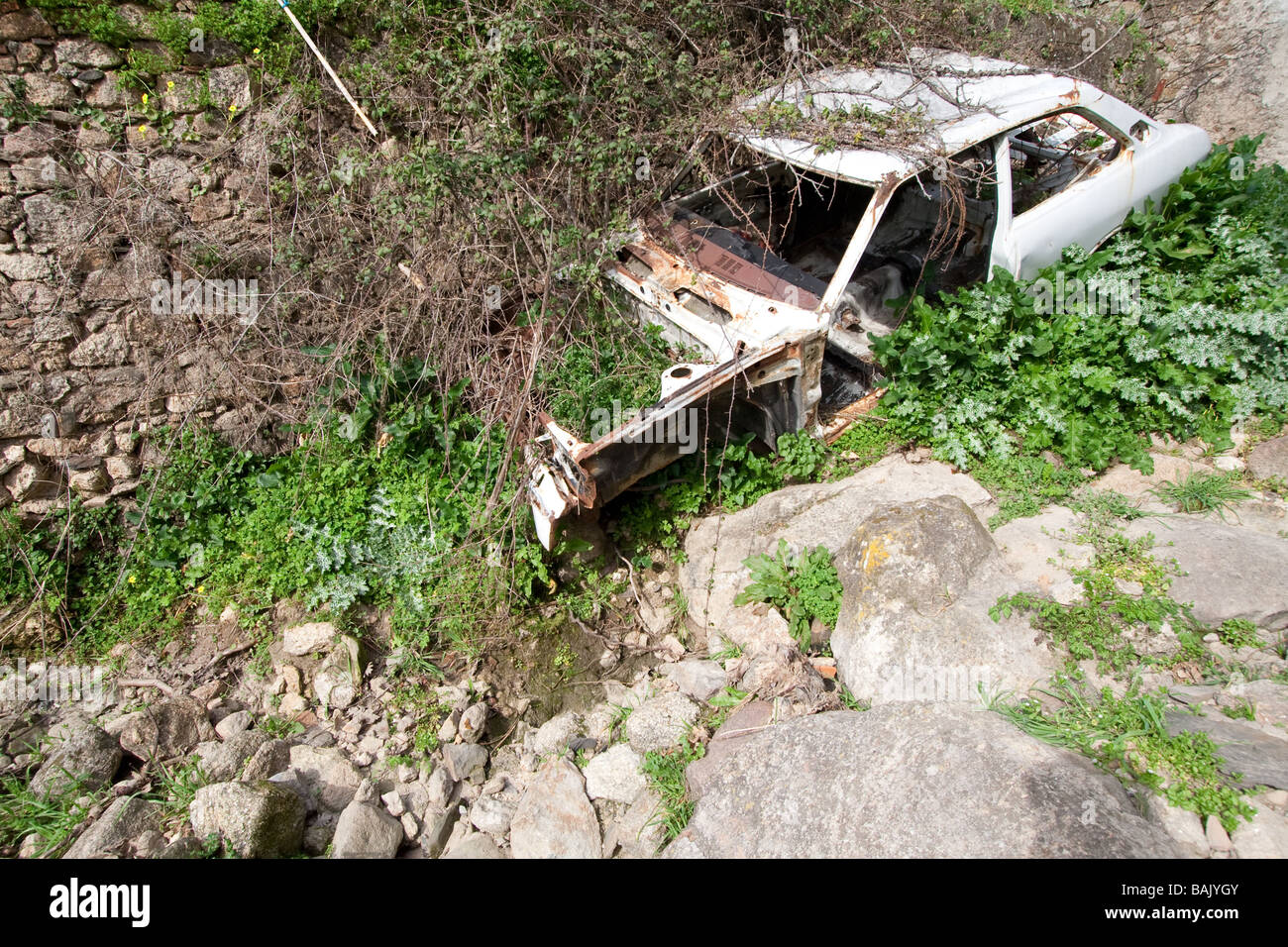 Old 1970's / 1980's Toyota or Datsun wrecked and abandoned in a creek. Stock Photo