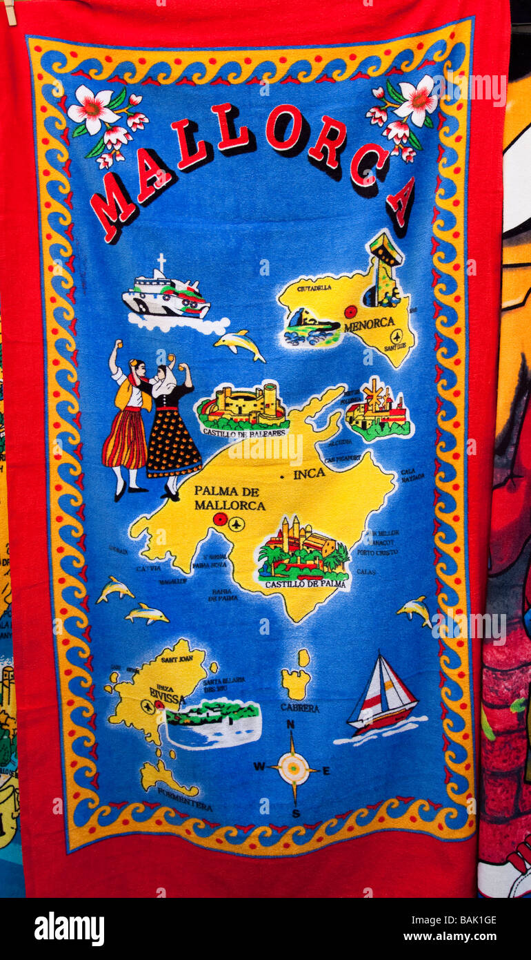 Map of Mallorca and Minorca on towel on sale in tourist market Sineu Mallorca Spain Stock Photo