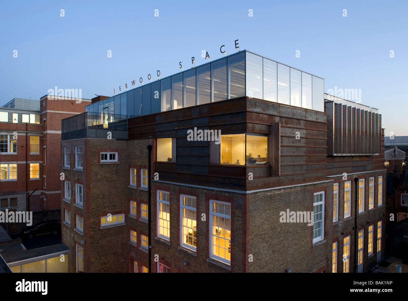 Jerwood Space, London, United Kingdom, Munkenbeck and Marshall, Jerwood space coreten steel and glass roof extention. Stock Photo