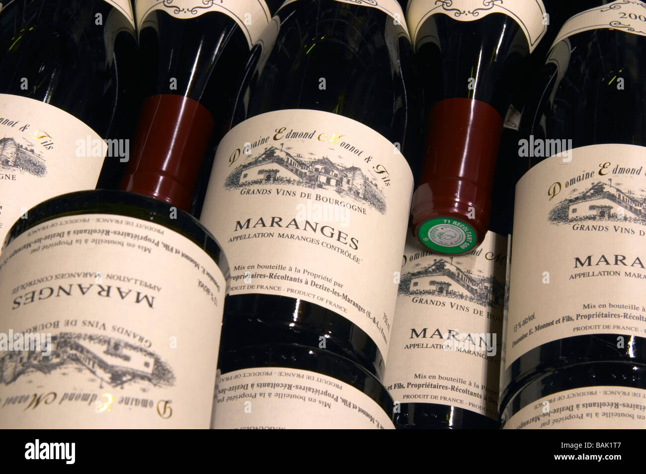 pile of bottles maranges dom e monnot & f santenay cote de beaune burgundy france Stock Photo