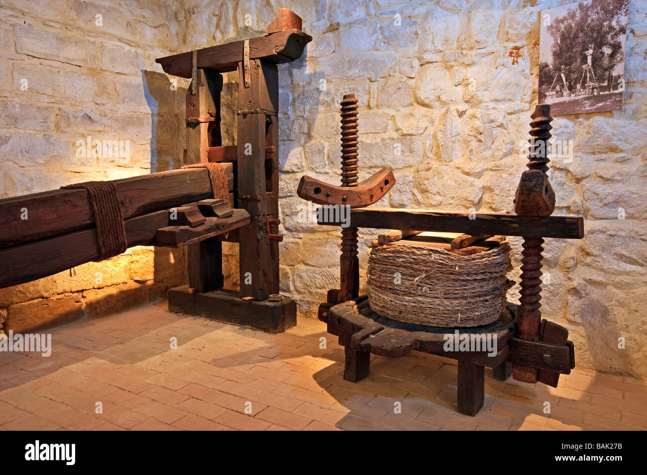 Olive press on display at the Museo de la Cultura de Oliva,(Culture Museum of the Olive) near the town of Baeza,Province of Jaen Stock Photo
