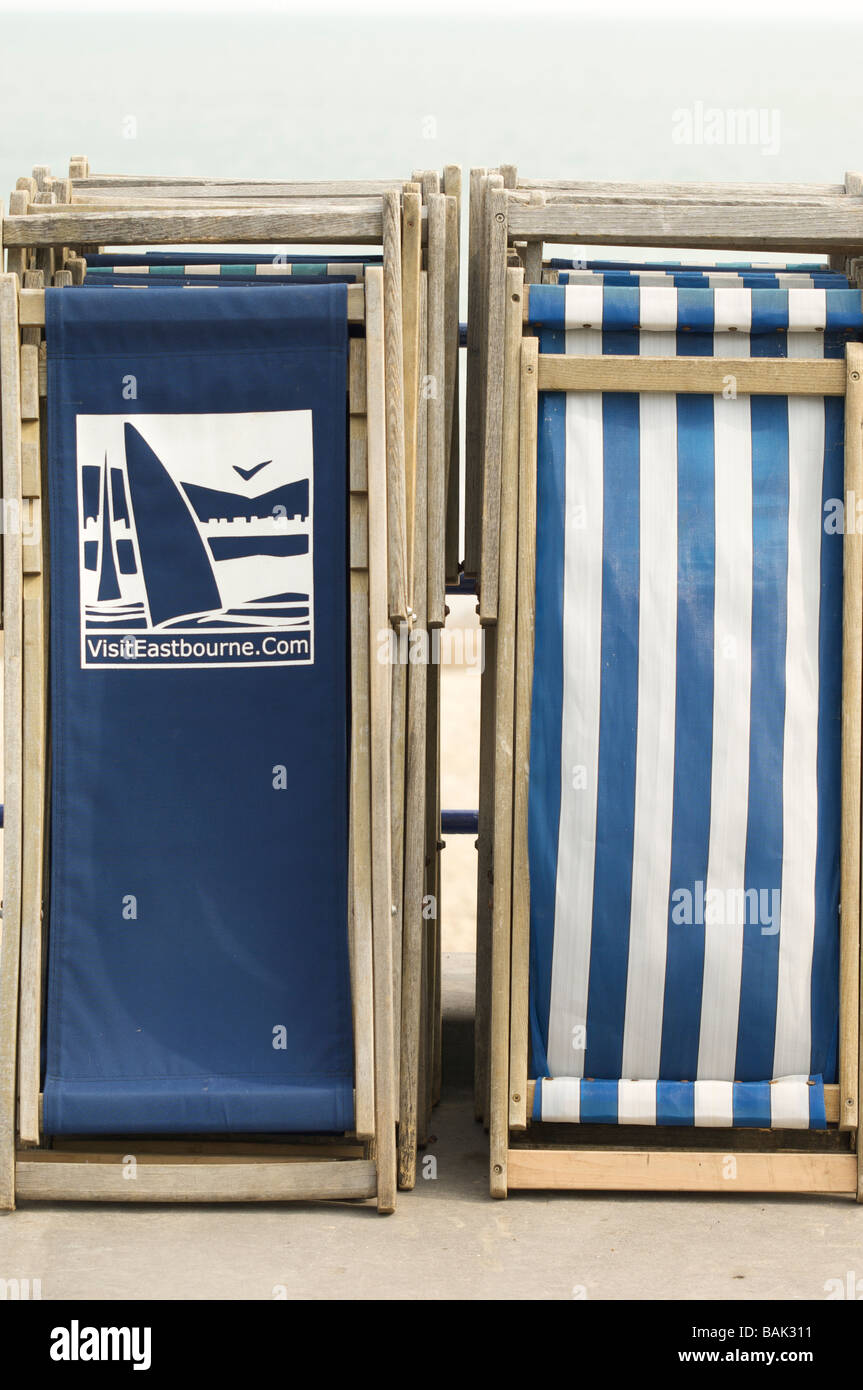 Stacked deck chairs Eastbourne seafront Stock Photo Alamy