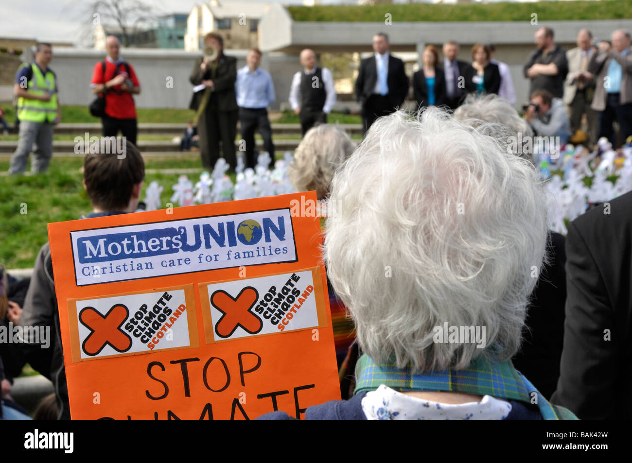 A woman from the Mothers' Union attends the Stop Climate Chaos Scotland rally outside the Scottish Parliament (editorial only). Stock Photo