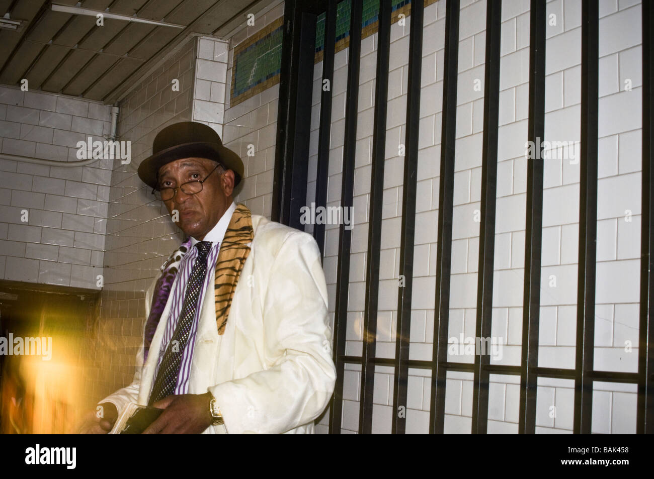 Elderly african american stylish bowler hat suit tie Stock Photo