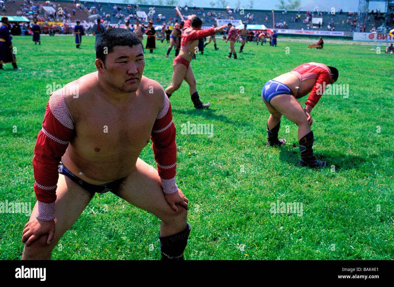 Mongolia, Ulaanbaatar, Naadam festival, wrestling match, wrestlers Stock Photo