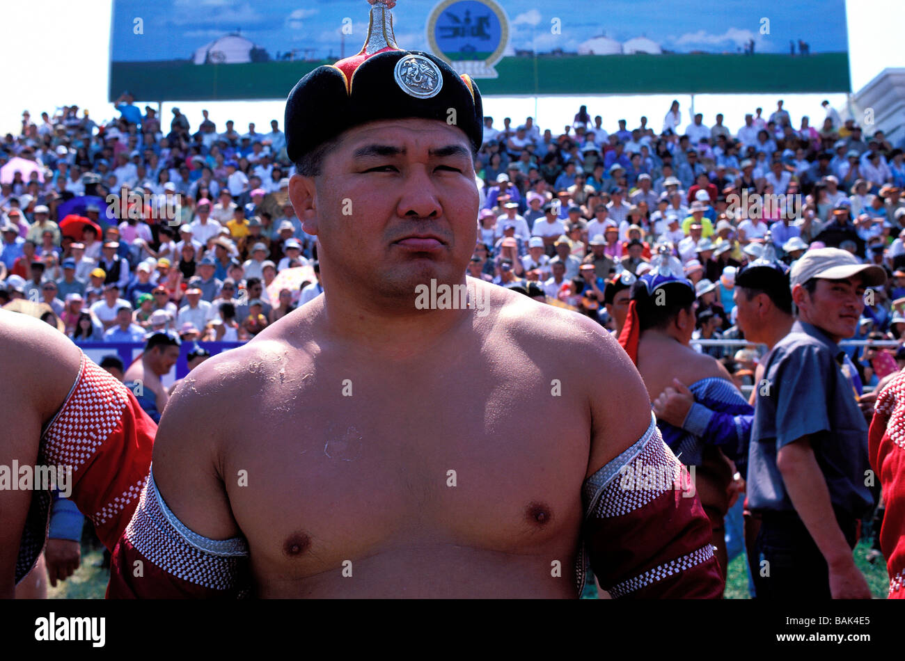 Mongolia, Ulaanbaatar, Naadam festival, wrestling match, portrait of a