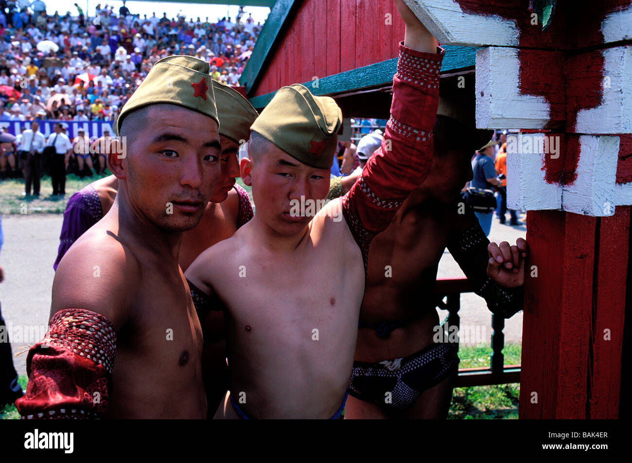 Mongolia, Ulaanbaatar, Naadam festival, wrestling match, wrestlers Stock Photo