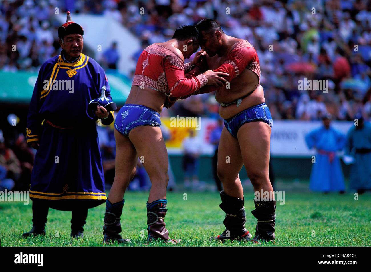 Mongolia, Ulaanbaatar, Naadam festival, wrestling match, wrestlers Stock Photo