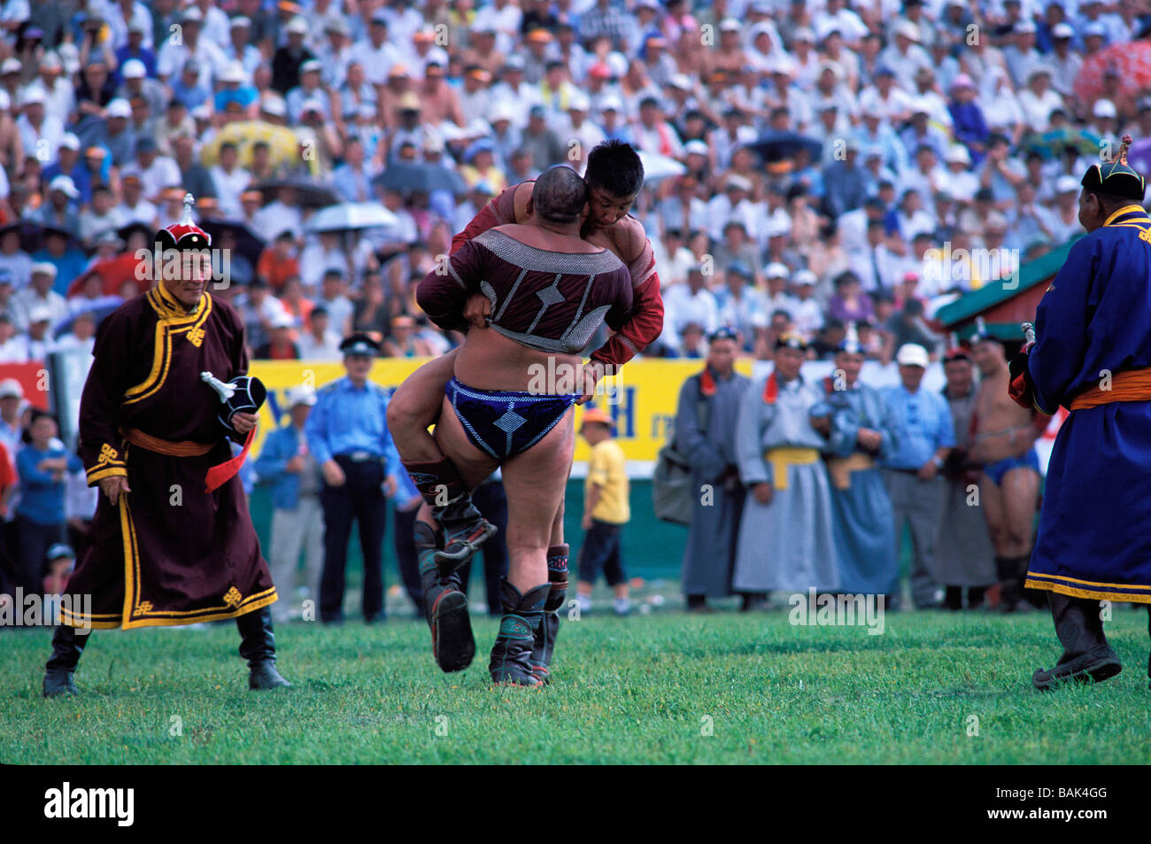 Mongolia, Ulaanbaatar, Naadam festival, wrestling match, wrestlers