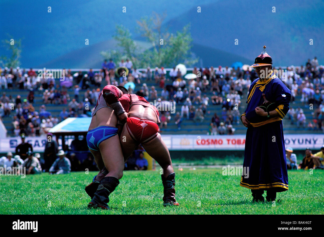 Mongolia, Ulaanbaatar, Naadam festival, wrestling match, wrestlers Stock Photo
