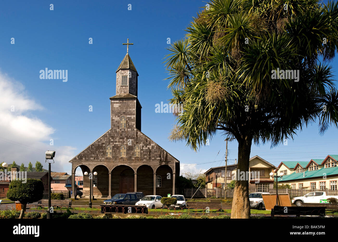 Chile, Los Lagos Region, Chiloé Island, Quinchao Island, Achao, wooden church listed as World Heritage by UNESCO Stock Photo