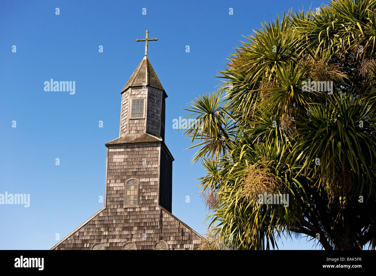 Chile, Los Lagos Region, Chiloé Island, Quinchao Island, Achao, wooden church listed as World Heritage by UNESCO Stock Photo