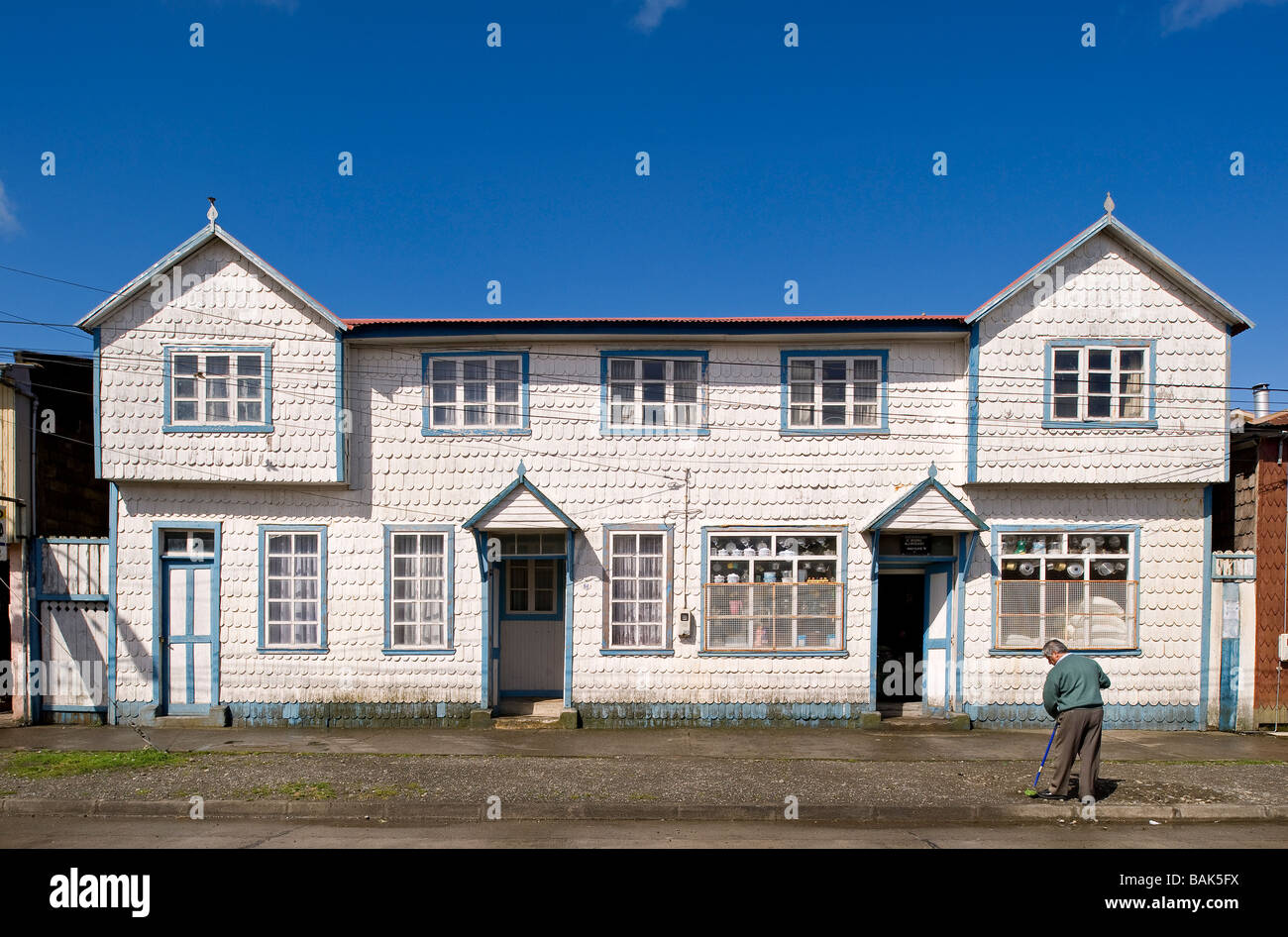 Chile, Los Lagos Region, Chiloé Island, Quinchao Island, Achao, house made of Alerce wood Stock Photo