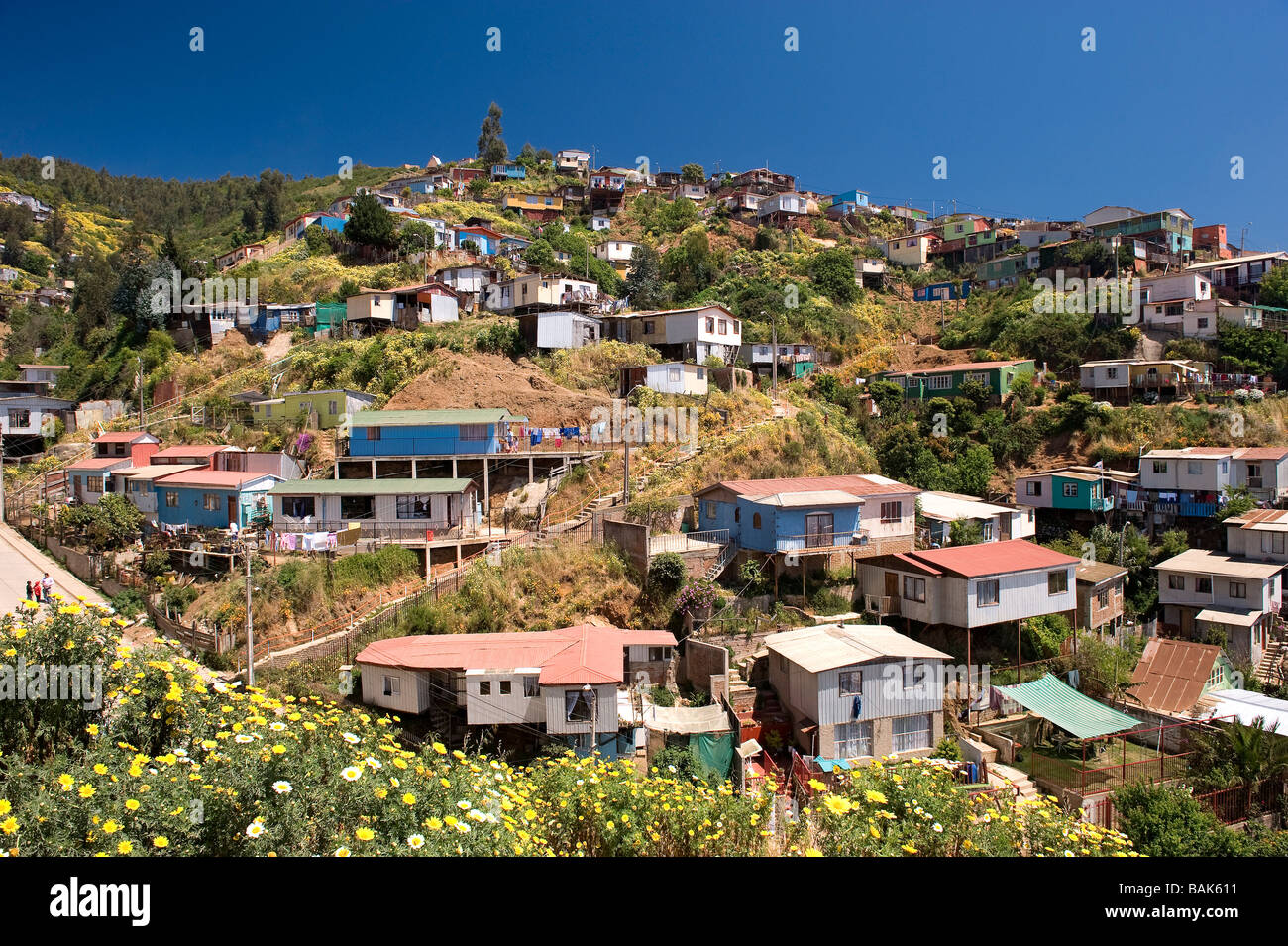 Chile, Valparaiso Region, Valparaiso, historic district listed as World Heritage by UNESCO, Cerro Bellavista, iron sheet houses Stock Photo