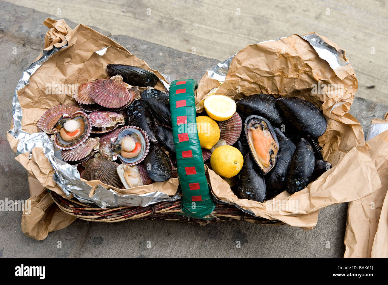 Chile, Valparaiso Region, Valparaiso, sea food basket sold on the street Stock Photo
