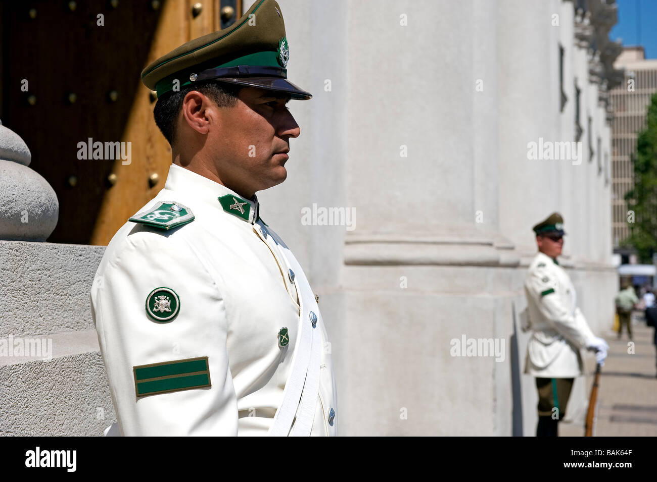 Chili, Santiago de Chile, Palacio de La Moneda, headquarters of the chilean Presidency, the military guard Stock Photo