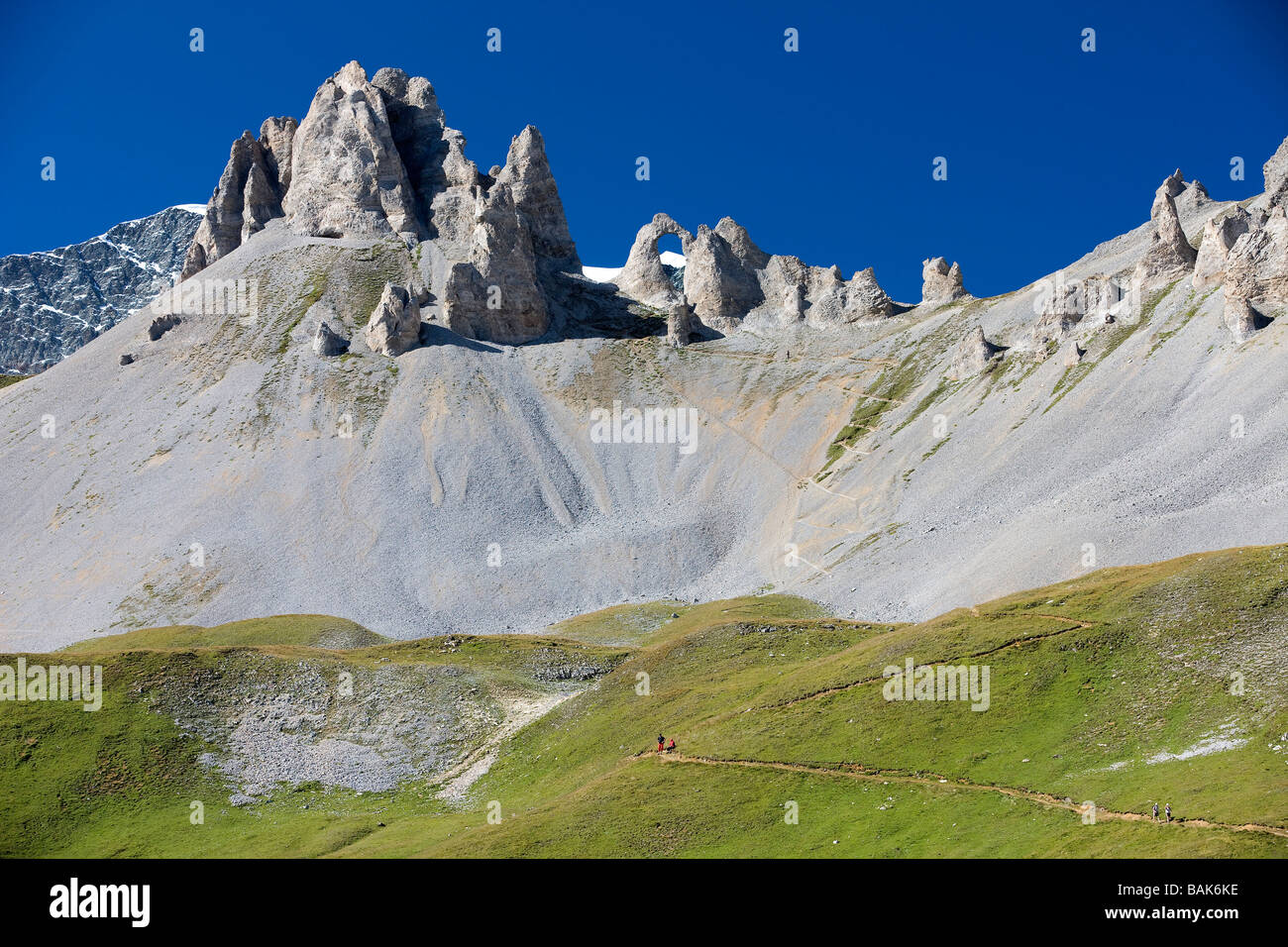 France, Savoie, Tignes, Vanoise Massif, L'Aiguille Percee (2748m) and La Savine Glacier Stock Photo