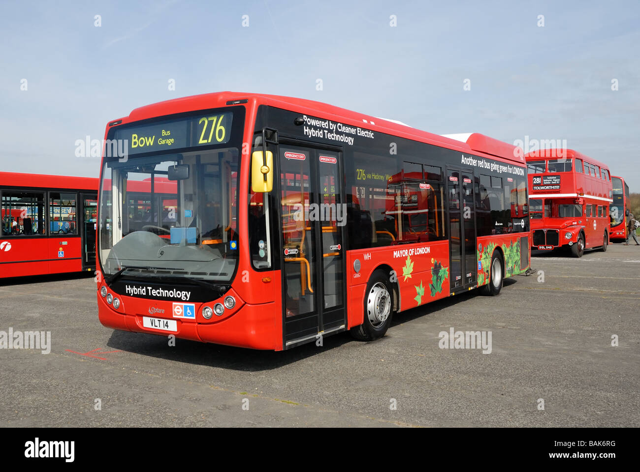 Three quarter front view of VLT 14 a hybrid Optare Tempo single deck bus at the Cobham Bus Museum Annual Spring Bus Coach Stock Photo