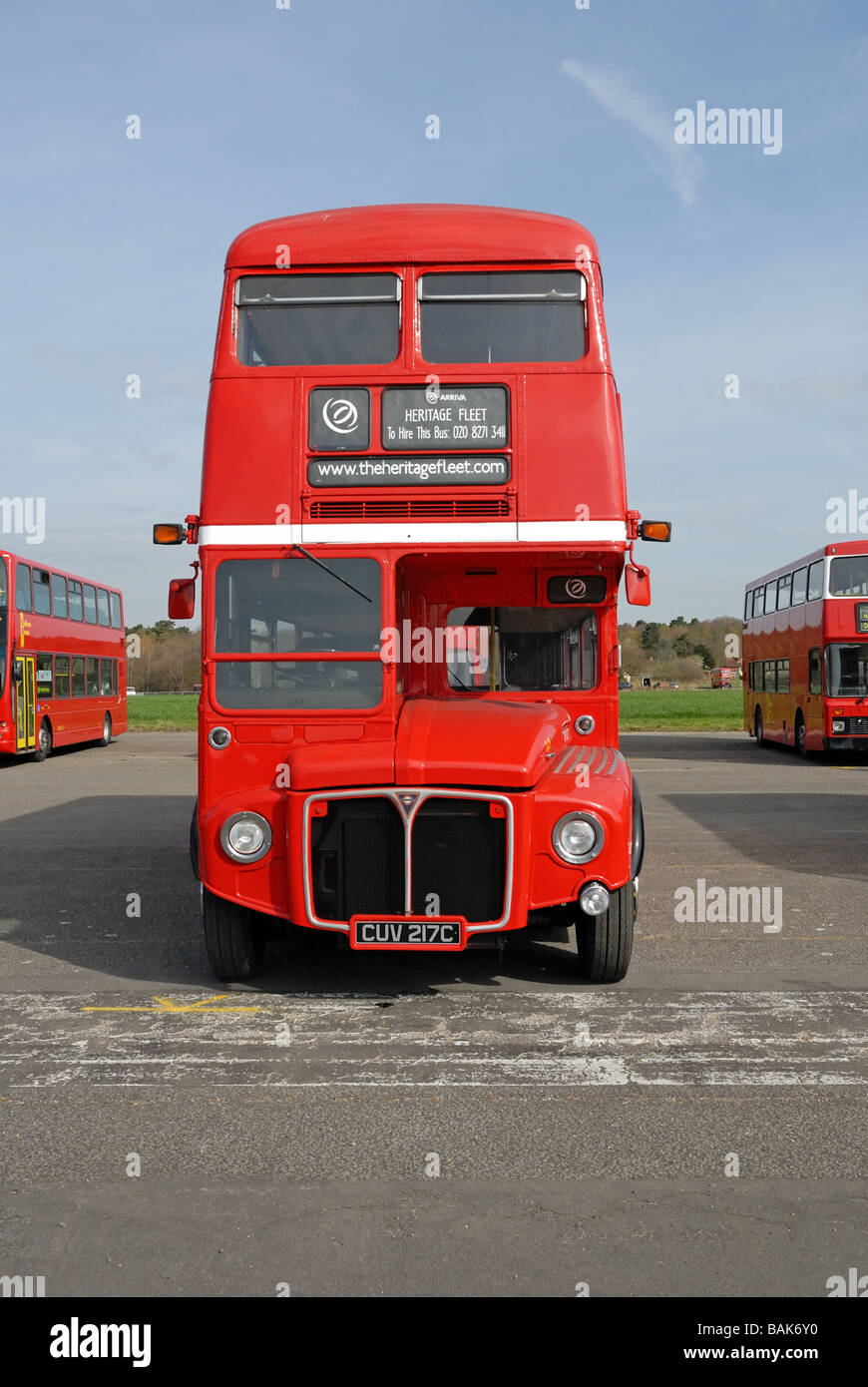 Front view of CUV 217C 1965 The last production standard Routemaster RM 2217 at the Cobham Bus Museum Annual Spring Bus Coach Stock Photo