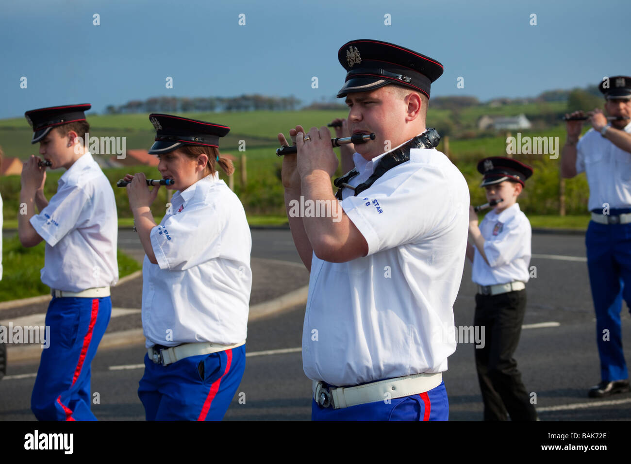 The Abbey Star Flute Band (Protestant/Loyalist/Orange) from Kilwinning on parade in Dalry, Ayrshire, Scotland. Stock Photo