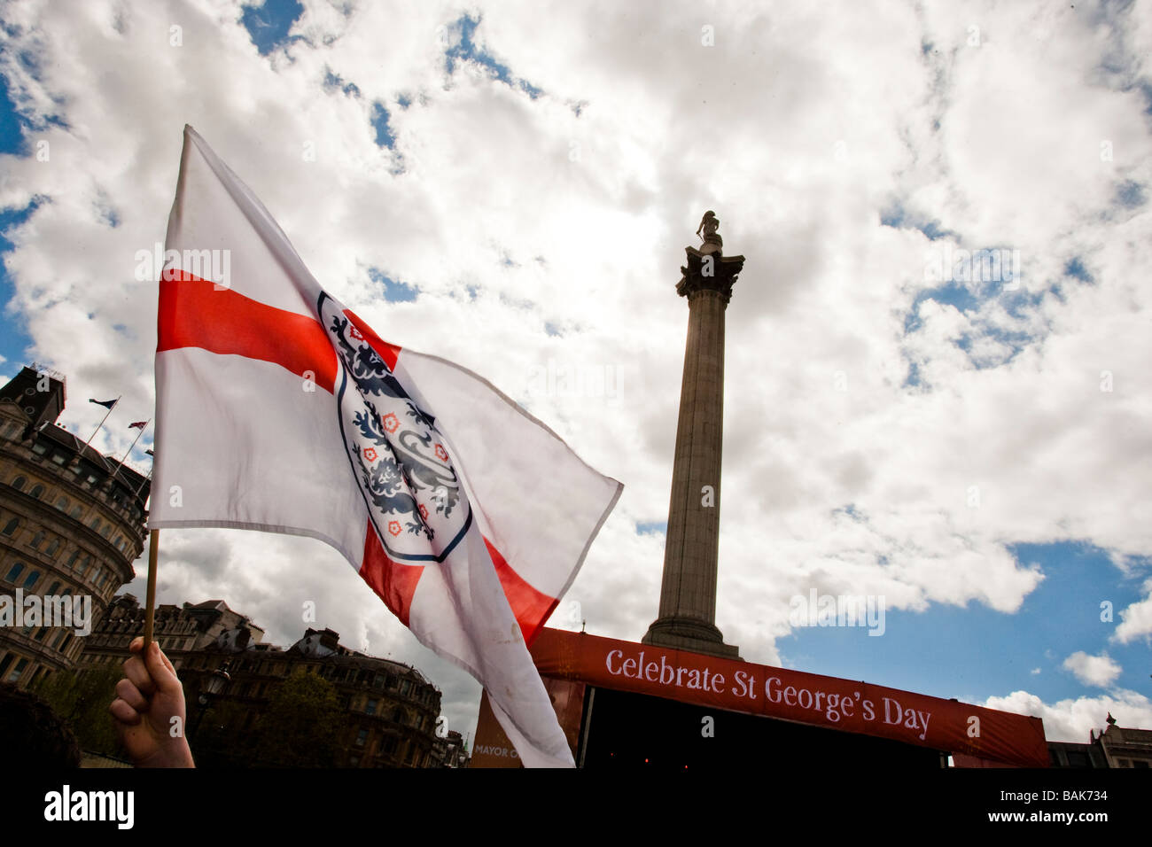 England flag being waved in Trafalgar Square during St George's Day celebrations, Nelsons Column in background. Stock Photo