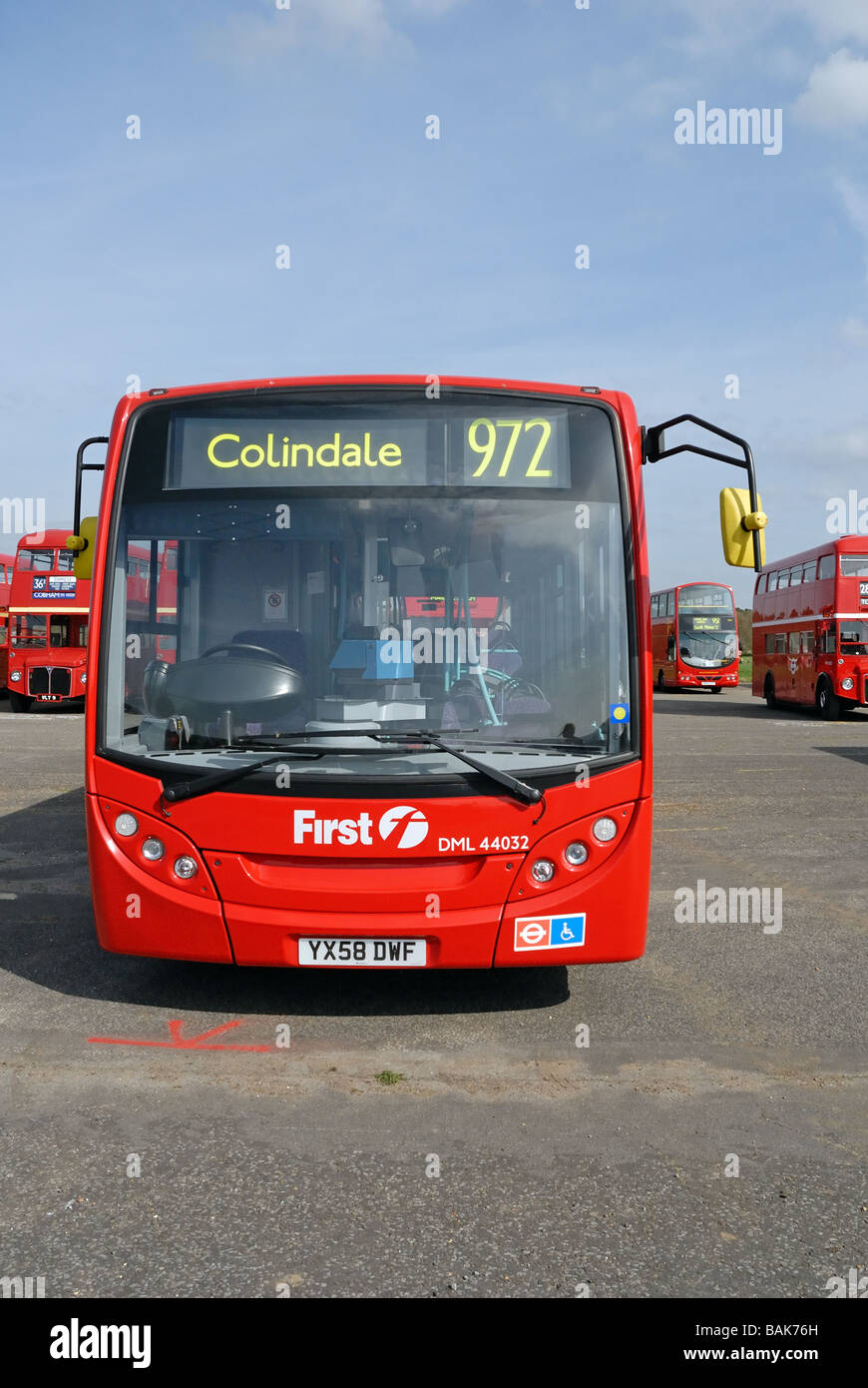 Front view of YX58 DWF First London DML 44032 an Alexander Dennis Enviro200Dart at the Cobham Bus Museum Annual Spring Bus Coach Stock Photo