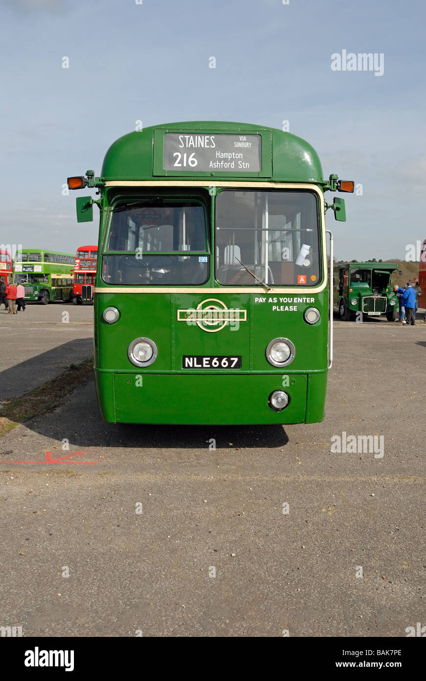 Front view of NLE 667 RF 667 in green London Transport Country Bus livery at the Cobham Bus Museum Annual Spring Bus Coach Stock Photo