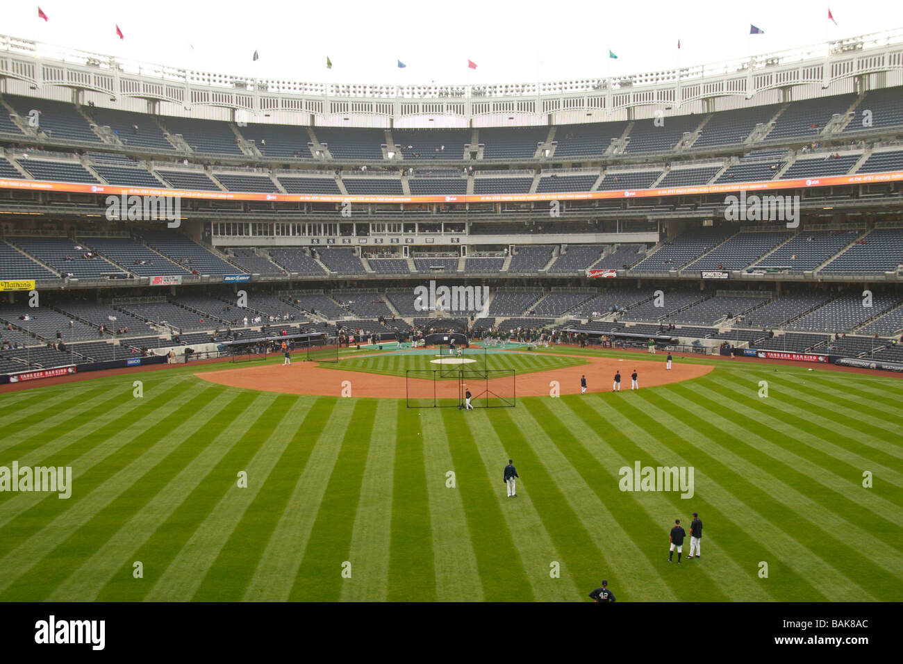 A low level view of the outfield during batting practice at the new