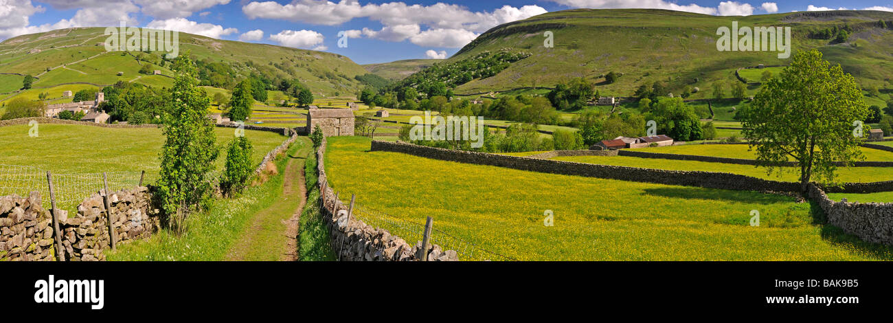 Panoramic View of Swaledale near the Village of Muker, Swaledale, Yorkshire Dales National Park, England, UK Stock Photo
