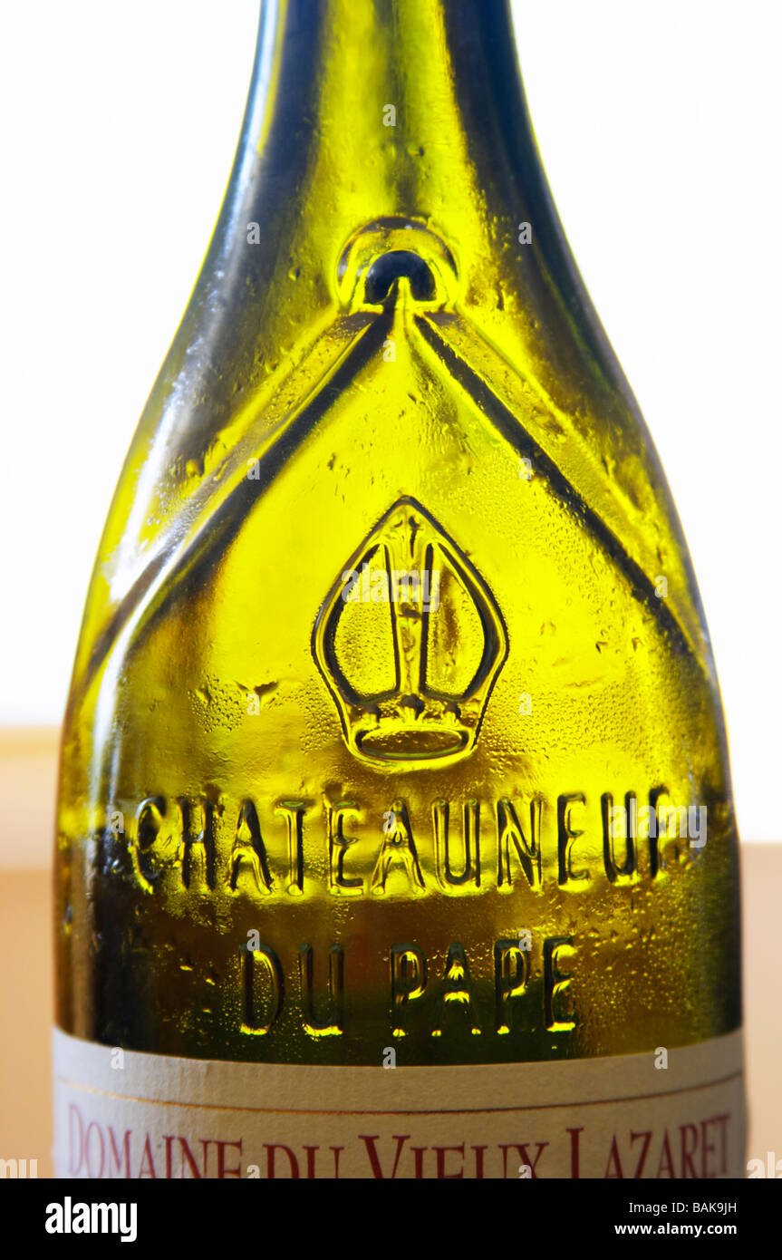 bottle with moulded relief on the neck domaine du vieux lazaret chateauneuf du pape rhone france Stock Photo