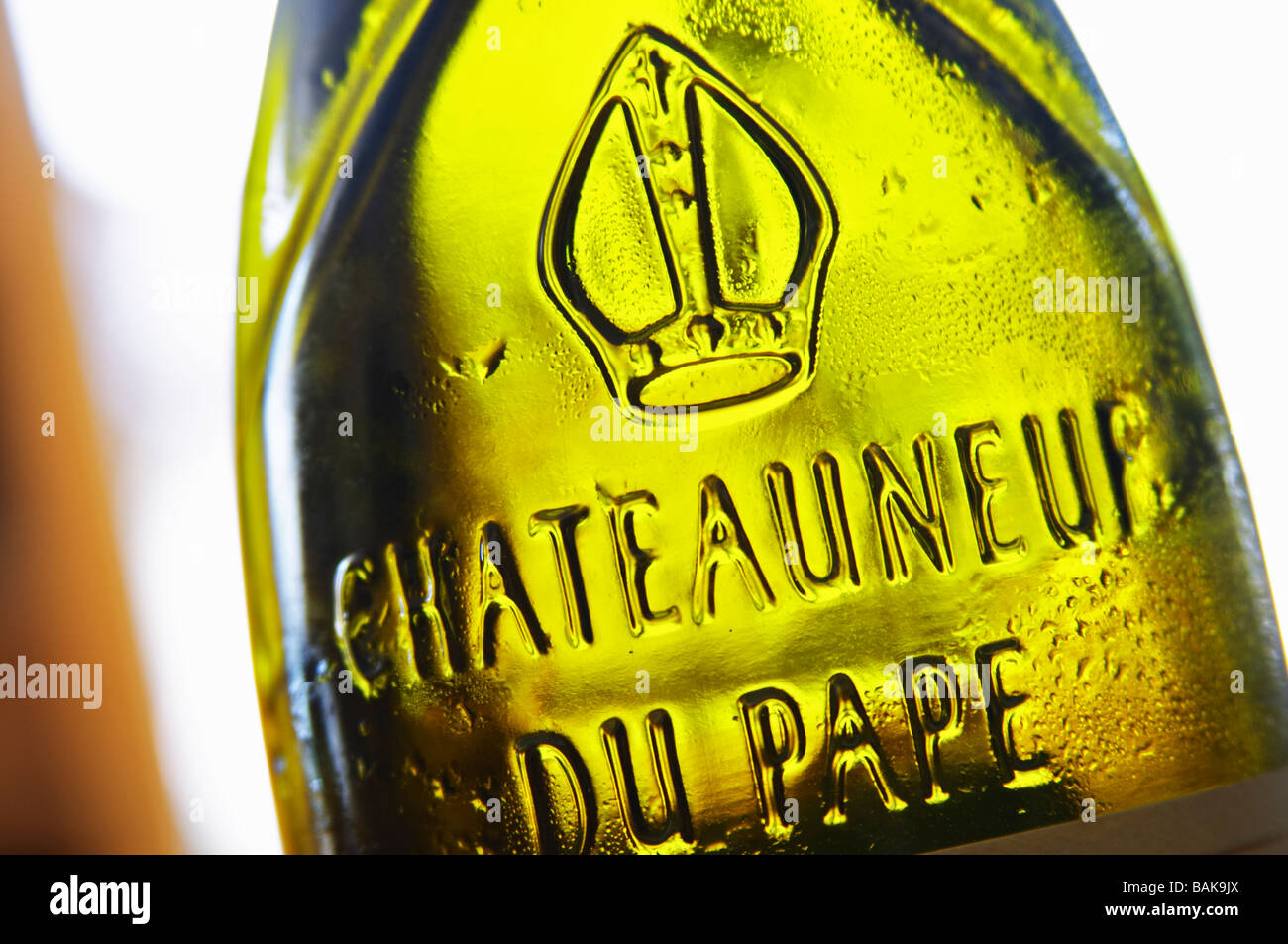 bottle with moulded relief on the neck domaine du vieux lazaret chateauneuf du pape rhone france Stock Photo