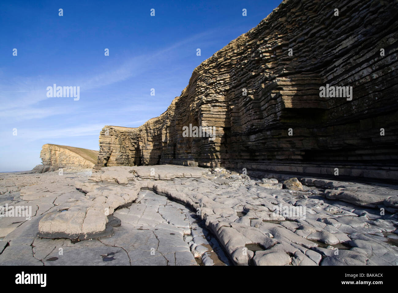 nash point coastline limestone pavement cliff strata geology geological formations, fossils, rock pools,glamorgan Heritage Coast south wales uk gb Stock Photo