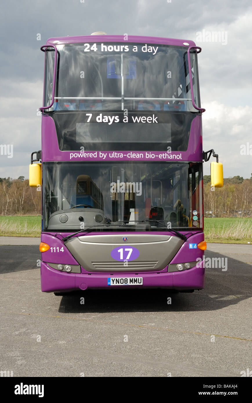 Front view of YN08 MMU Reading Buses Scania number 1114 powered by ultra clean Bio ethanol at the Cobham Bus Museum Annual
