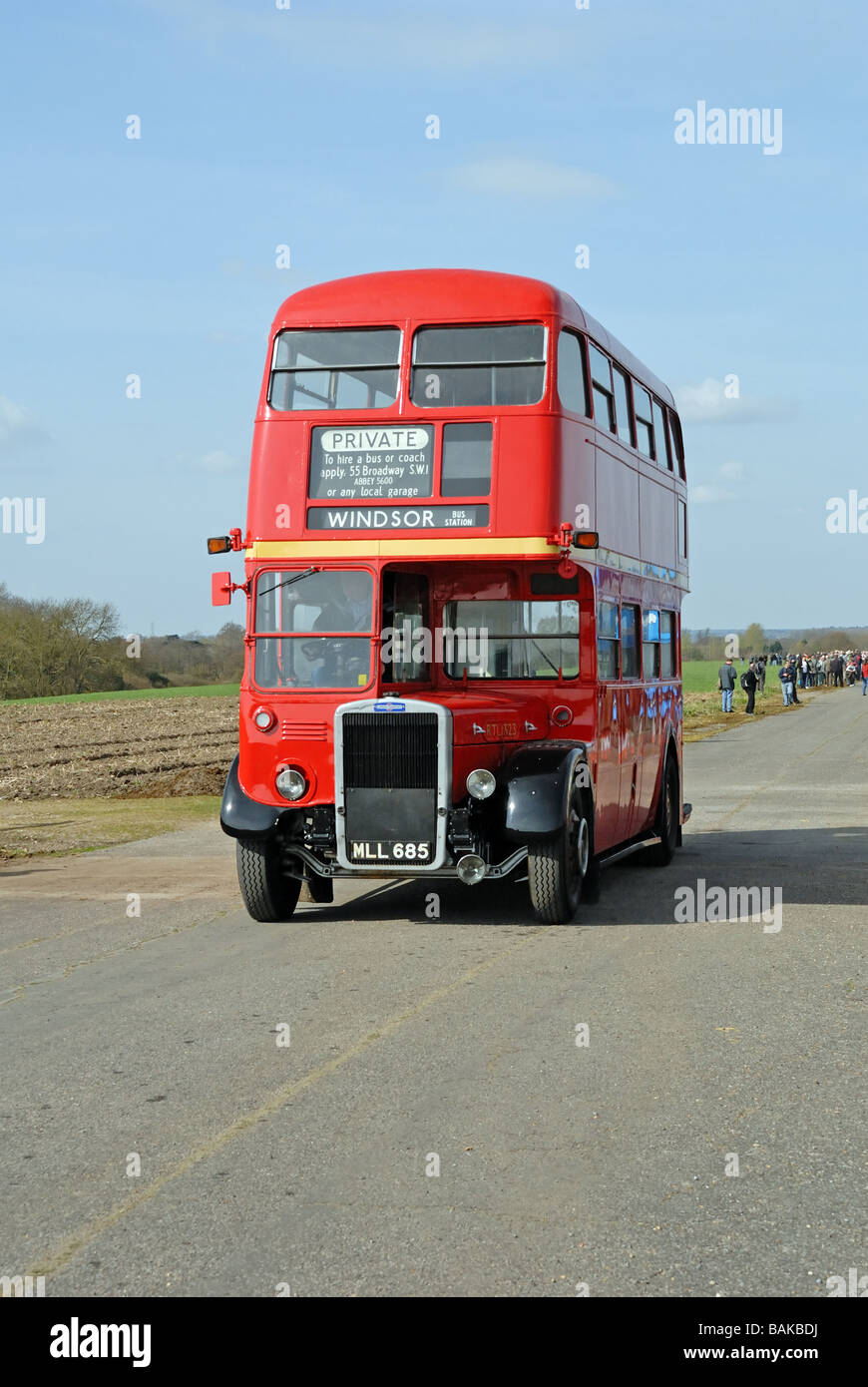 Three quarter front view of MLL 685 London Transport RTL 1323 at the Cobham Bus Museum Annual Spring Bus Coach gathering at Stock Photo