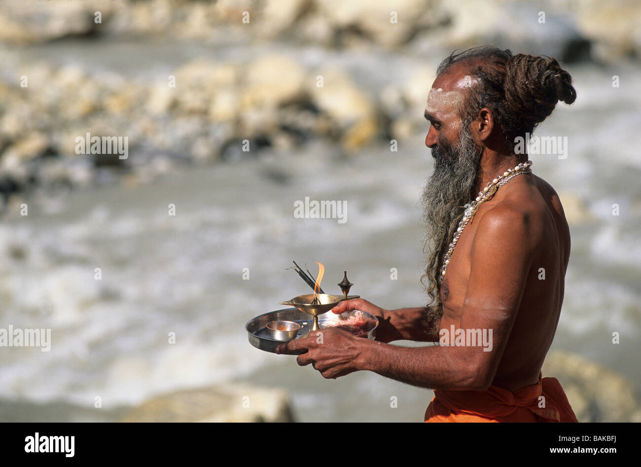 India, Uttarakhand State, Gaumukh, sadhu performing a puja (ritual) in ...