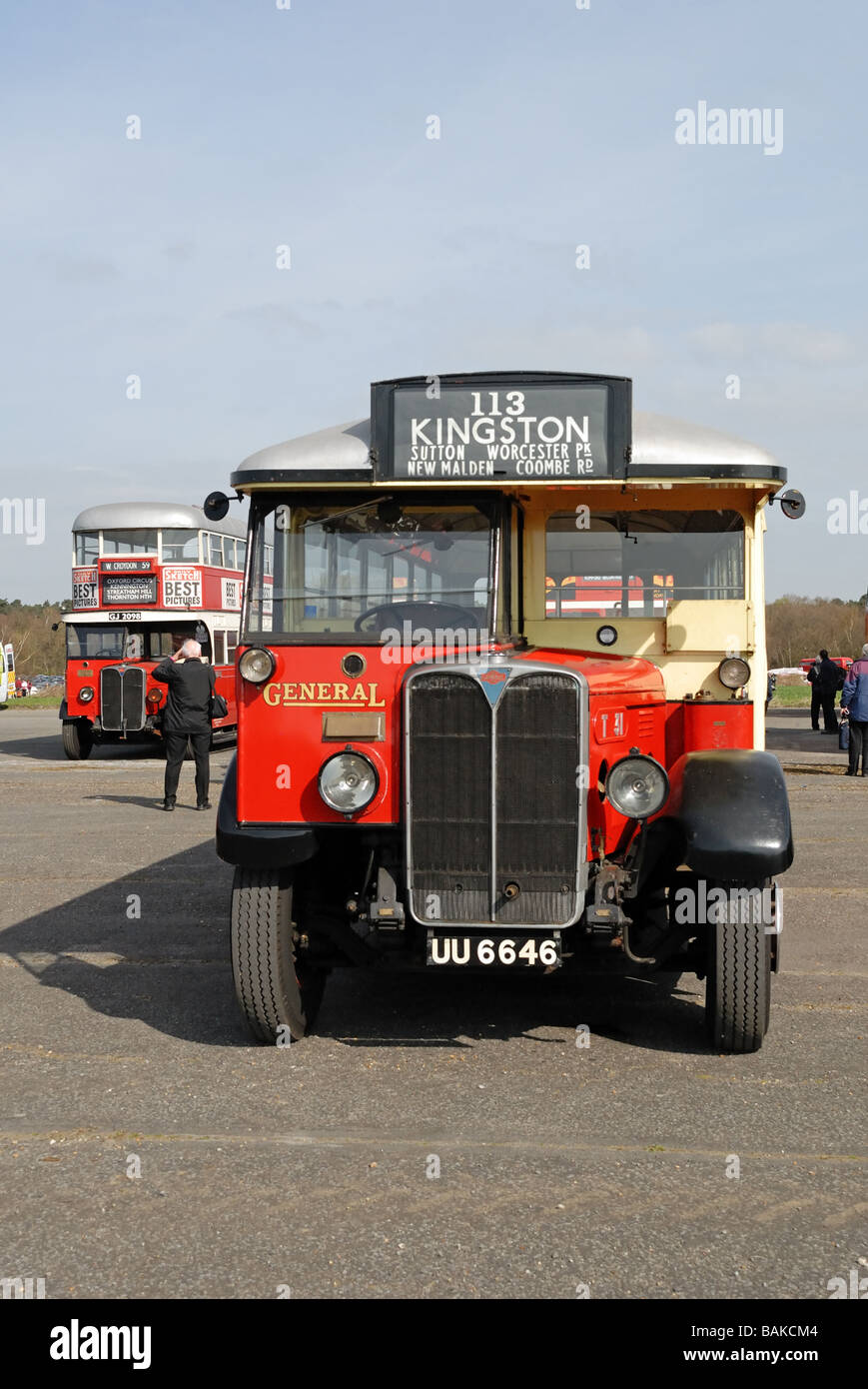 Front view of UU 6646 a 1929 AEC Regal I T 31 single decker bus at the Cobham Bus Museum Annual Spring Bus Coach gathering at Stock Photo