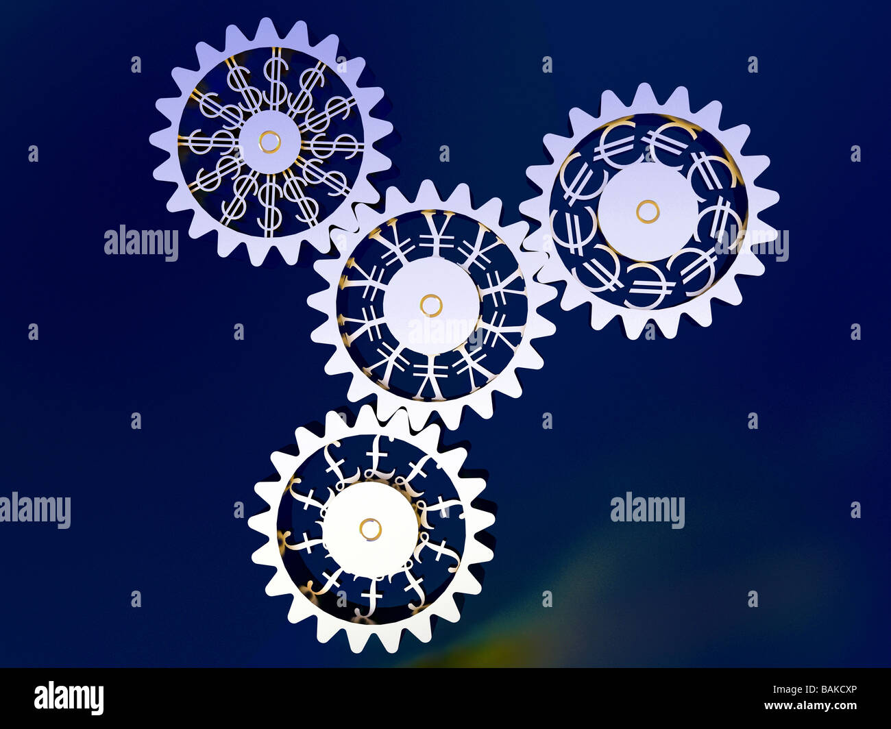 Realistic 3D rendering of  the dollar, yen, pound sterling, and euro as gears meshed together.  Dark blue background. Stock Photo