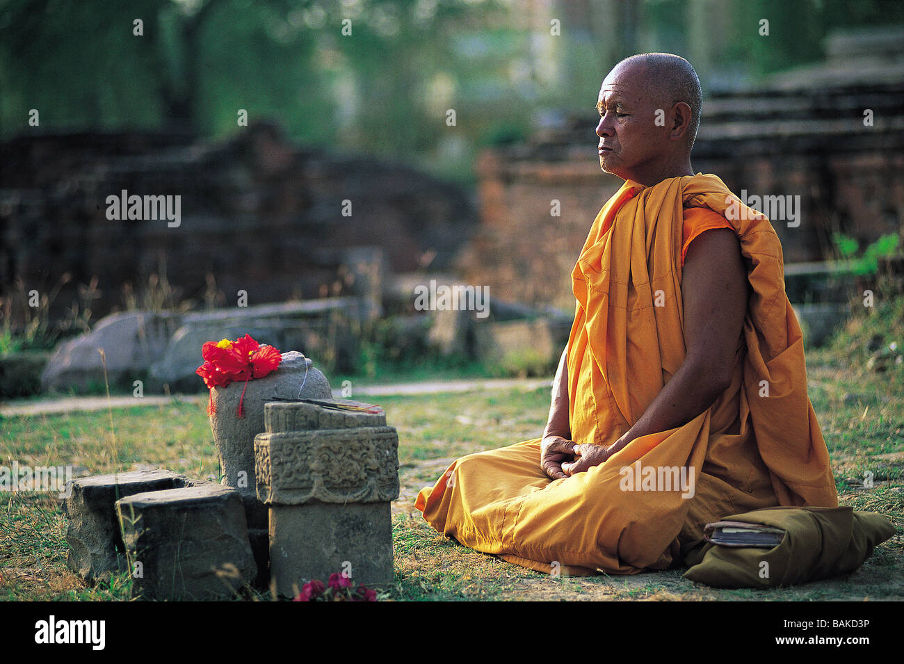 India, Uttar Pradesh State, Sarnath, Buddhist monk in meditation Stock Photo