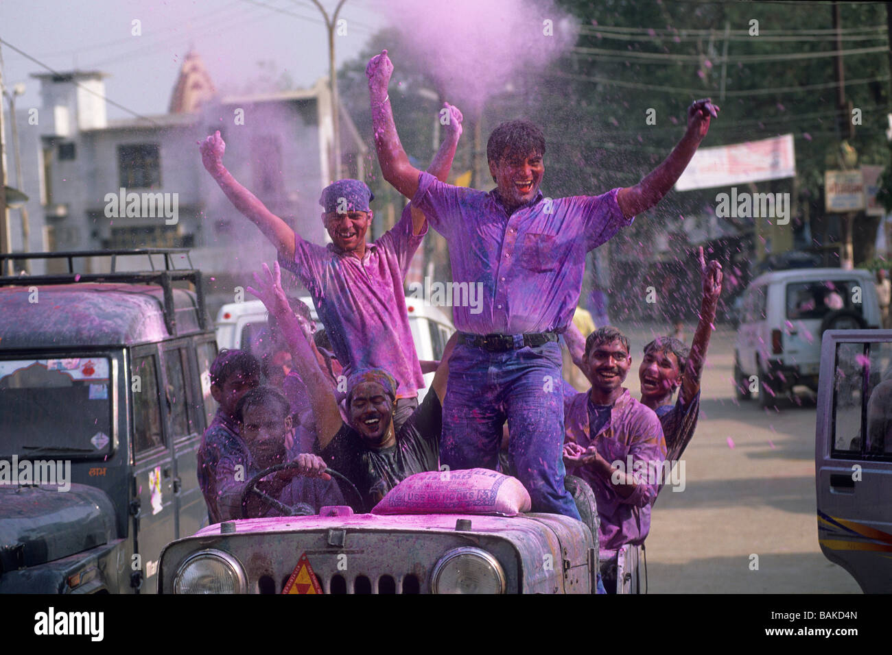 India, Uttar Pradesh State, Mathura, Holi Festival, also called the Festival of Colours, Hindu Spring Festival going on two Stock Photo