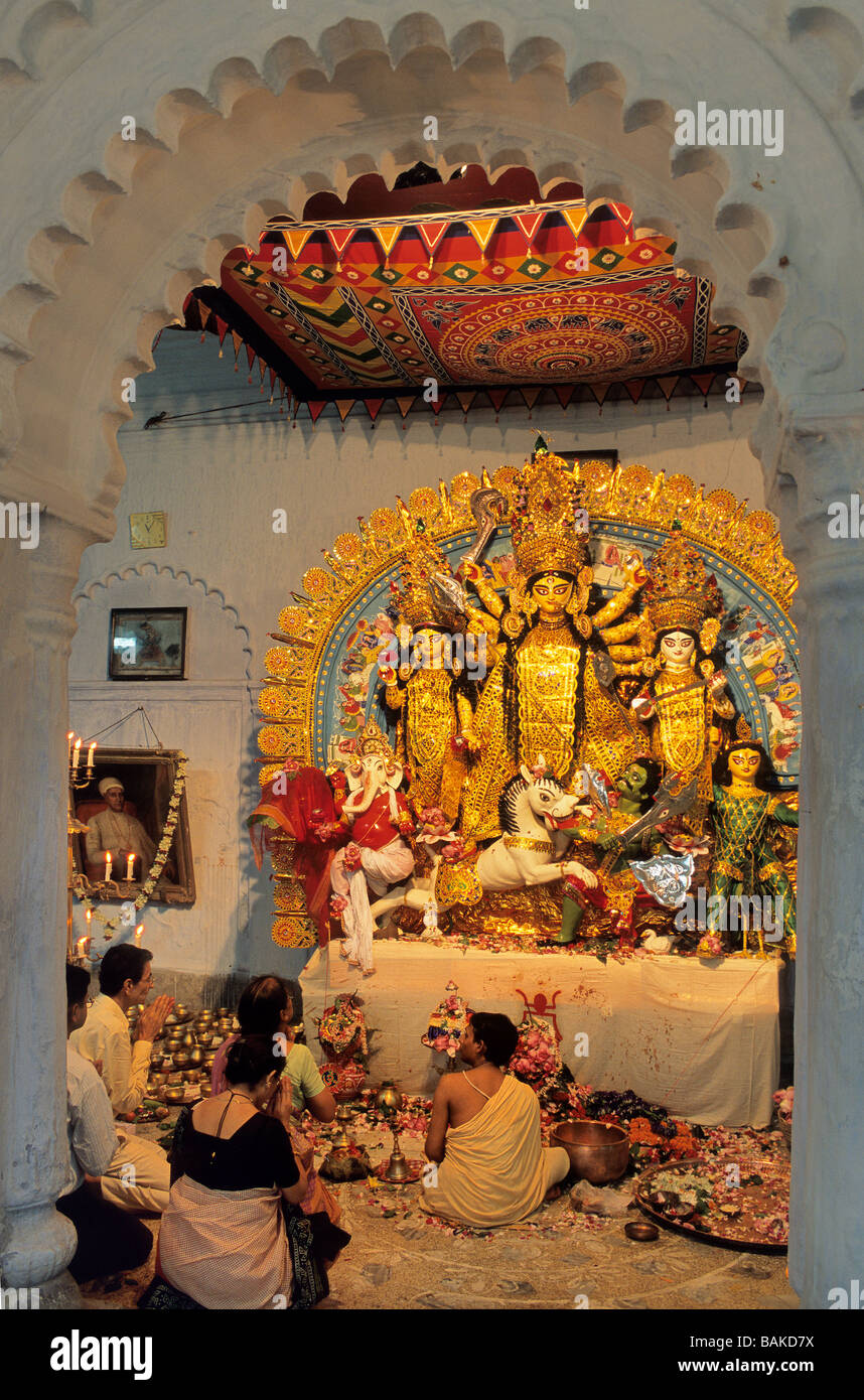 India, West Bengal State, Kolkata, Hinduism festival of Durga Puja, prayer Stock Photo