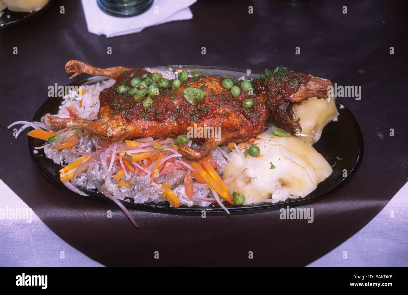 Cuy or guinea pig, a popular dish in Peru and also Ecuador and Quechua speaking parts of Bolivia. Here served with rice, potatoes and salad. Stock Photo