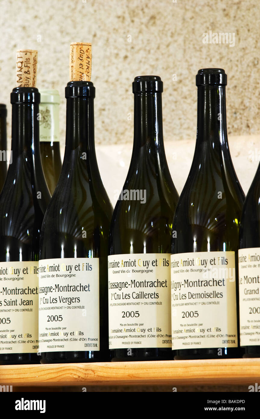 bottles on shelf dom g amiot & f chassagne-montrachet cote de beaune burgundy france Stock Photo