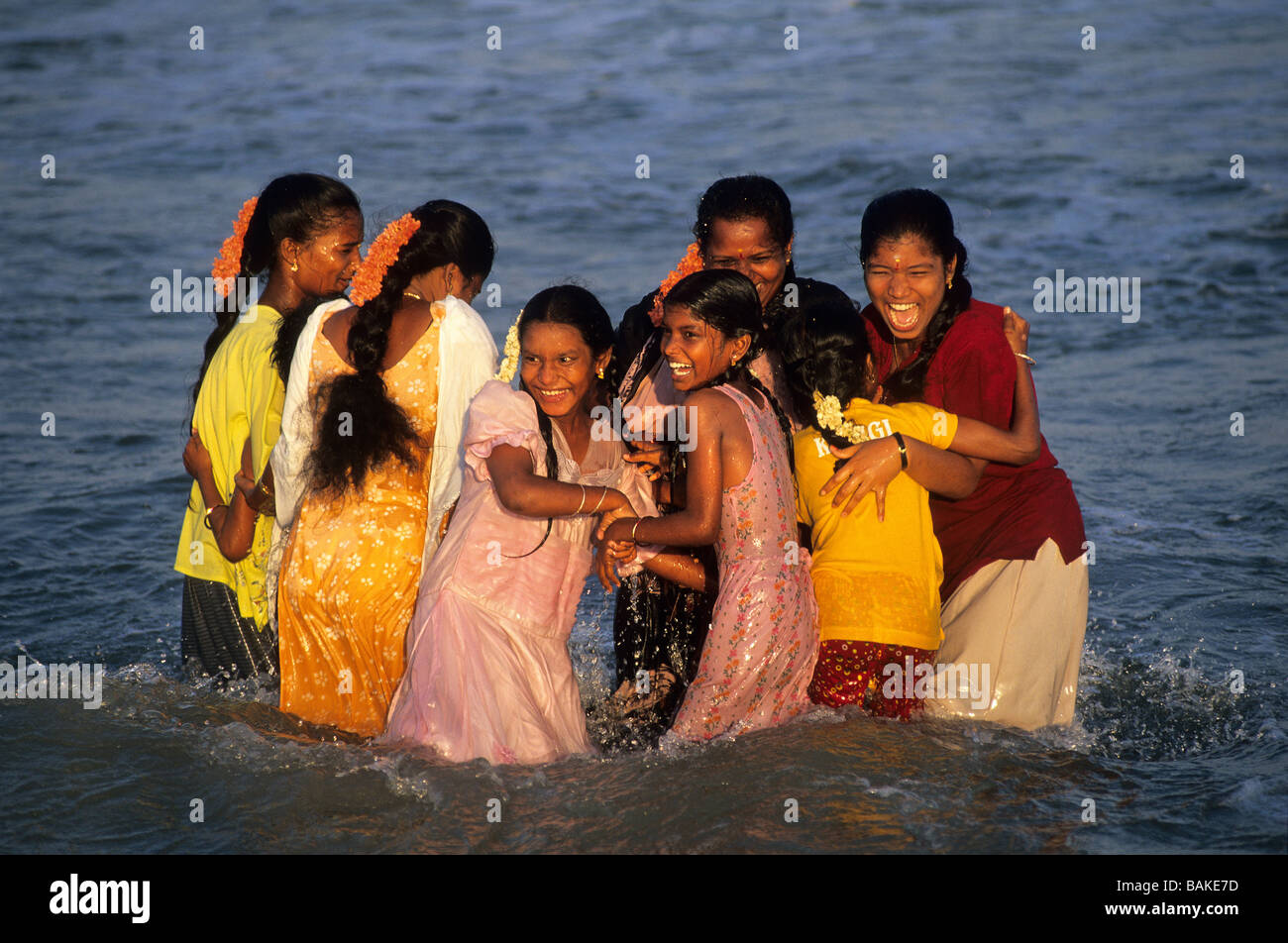 India, Tamil Nadu State, Chennai (Madras), Marina Beach, cheerful girls