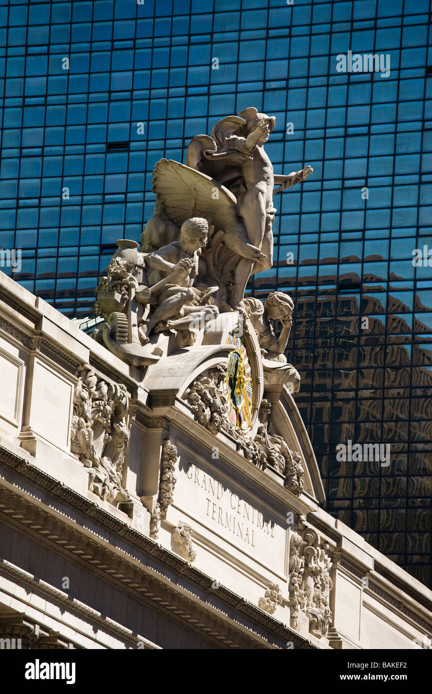Main and statue on clock outside Grand Central Terminal railway station