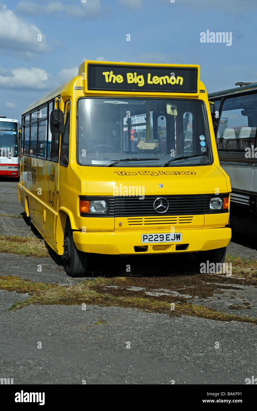Three quarter front view of P229 EJW a Big Lemon Mercedes Benz Marshall 31 seater bus at the Cobham Bus Museum Annual Spring Bus Stock Photo