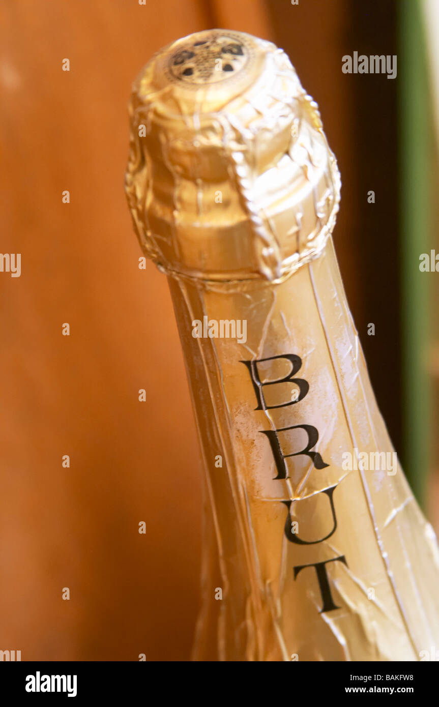 bottle neck of cremant marked brut dom e rominger westhalten alsace france Stock Photo