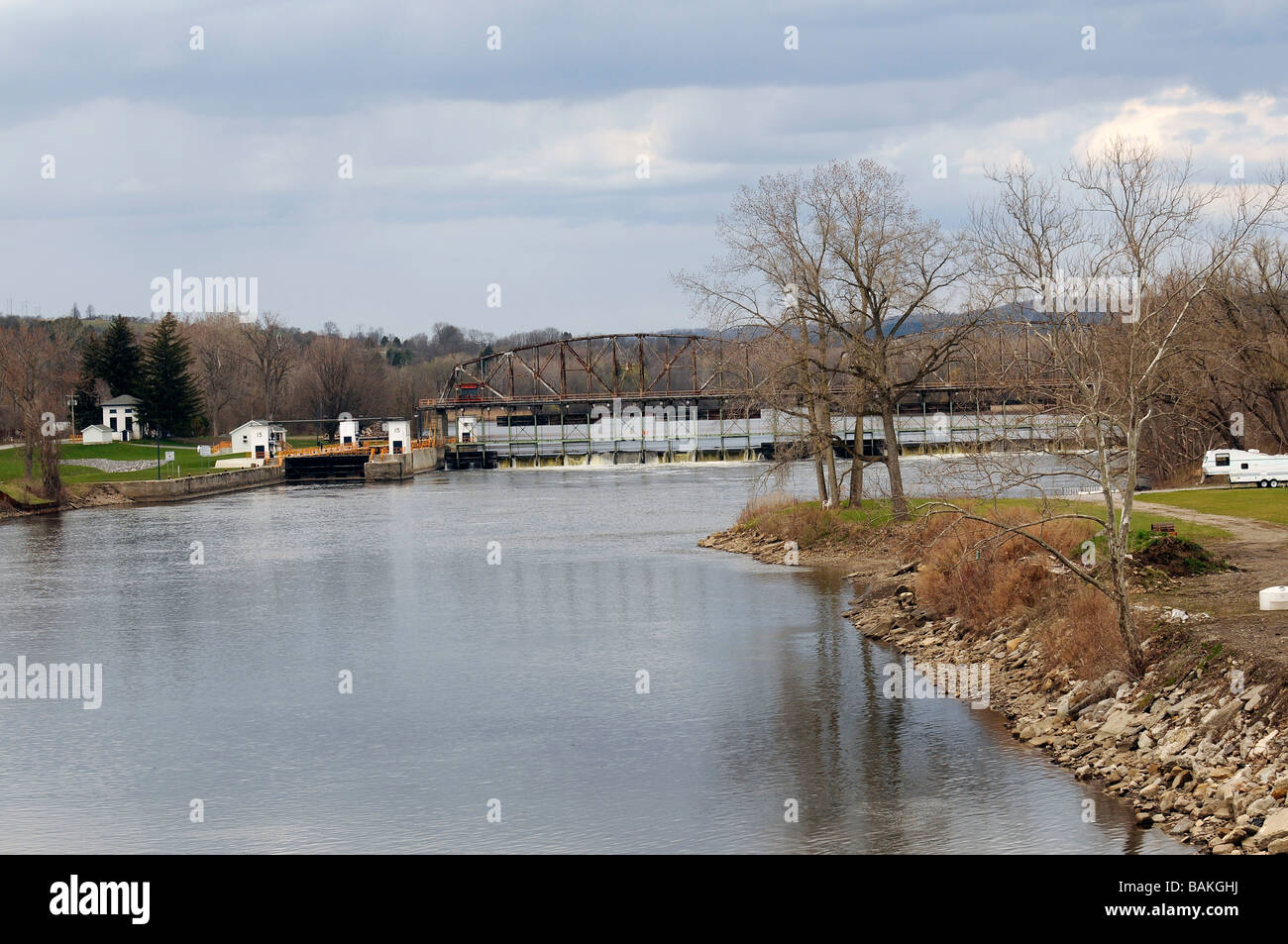 Erie Canal and lock in historic Mohawk river valley in upper state New York. Stock Photo